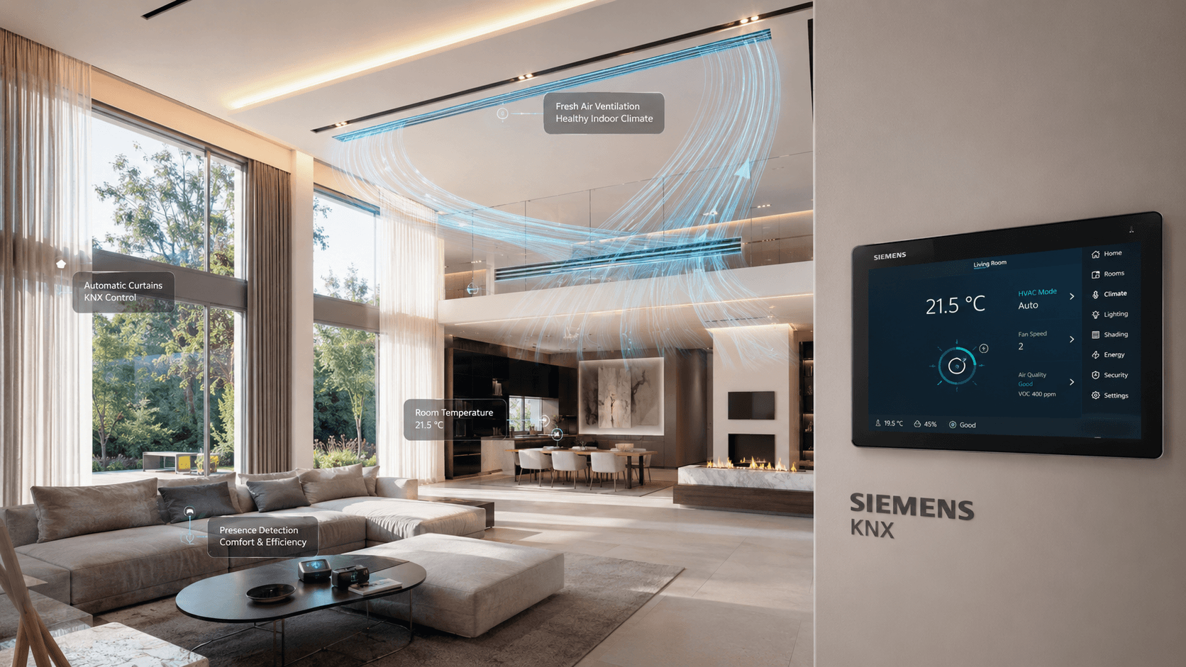 Điều hòa, rèm và khí tươi Siemens KNX